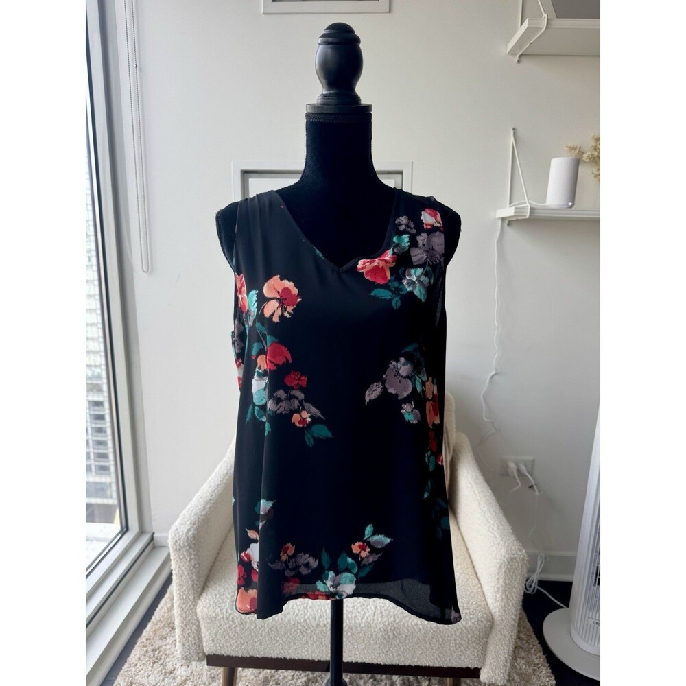 Apt 9 Black Floral V-Neck Sleeveless Tank Size Large NEW